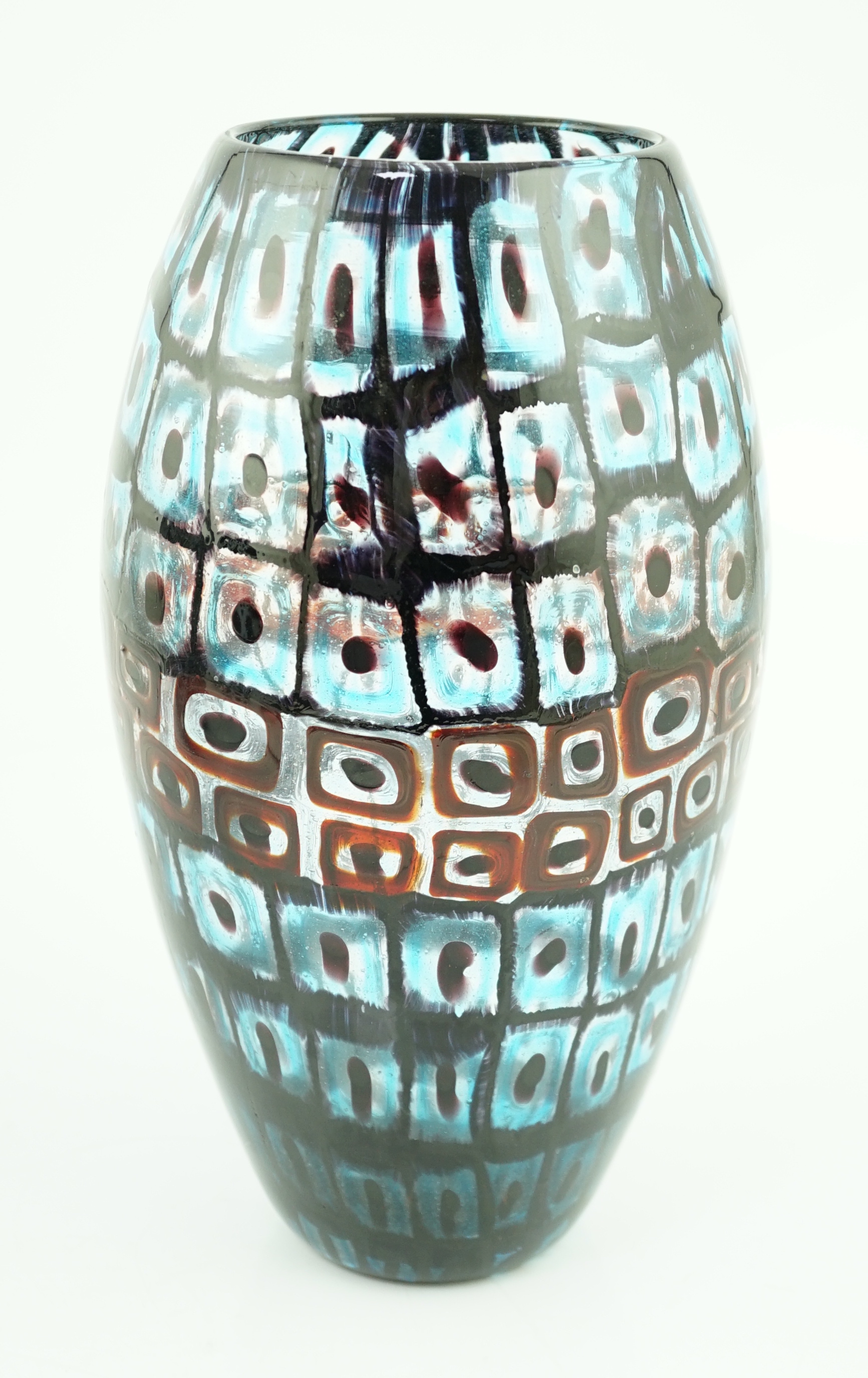 Vittorio Ferro (1932-2012) A Murano glass Murrine vase, ovoid shaped, with bands of squares in blue and red, unsigned, 29cm, Please note this lot attracts an additional import tax of 20% on the hammer price